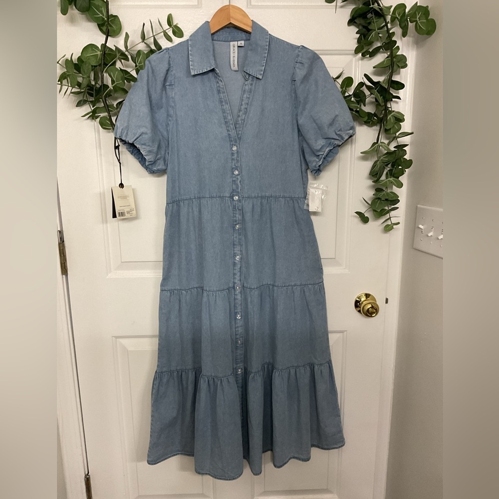 GRACE + KARMA Light Blue Button-Front Tiered Midi Dress. SIZE S - Picture 2 of 8